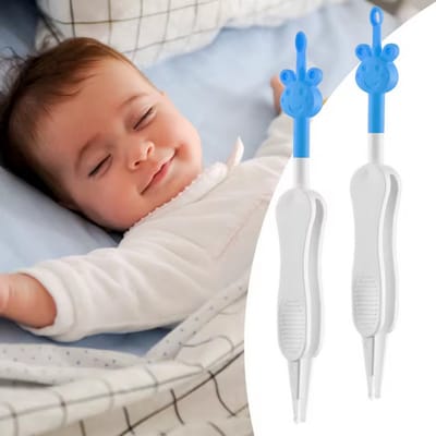 BPA-vrije 2-in-1 Baby Verzorgings pincet Set – Snotjes verwijderaar - Oorsmeer verwijderaar - Neus & Oren – 2 Stuks – Wit/Blauw met Giraffe Design