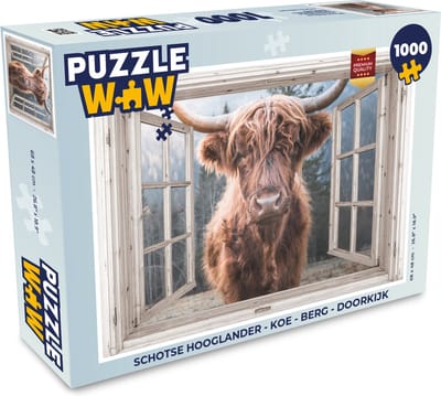 Puzzel Schotse hooglander - Koe - Berg - Doorkijk - Legpuzzel - Puzzel 1000 stukjes volwassenen