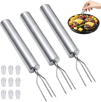Set van 3 roestvrijstalen aardappelvorken met beschermkappen voor groenten, maïskolven en grillgerechten, ideale keukentools voor elke kok