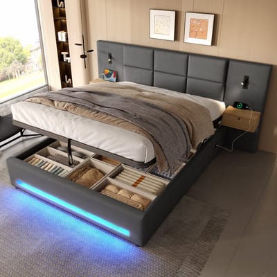 Europees Polsterbed 180x200 cm – Fluweel Koptelefoon met Opberglades – LED-Nachtlampje & USB-C – Hydraulische Opbergruimte – Stevig Metalen Frame (201 kg draagvermogen)