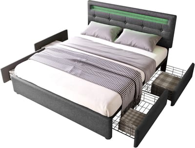 MIVRAY Gestoffeerd Bed 140x200 cm - Met LED Verlichting En 4 Laden - Verstelbaar Hoofdbord - Inclusief Lattenbodem - Linnen - Grijs
