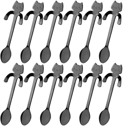 12x Theelepel / Koffielepel Hangende Kat - Zwart - 12 Stuks