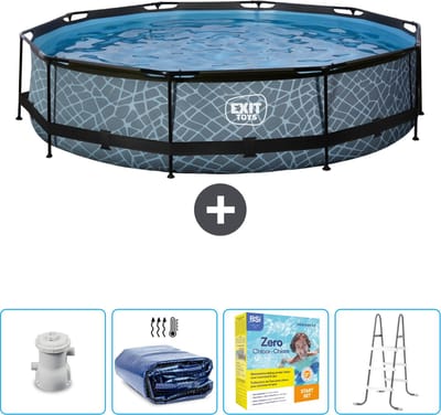 EXIT Rond Stone Frame Zwembad - 360 x 76 cm - Inclusief Pomp Solarzeil - Onderhoudspakket - Ladder - Nu extra voordelig