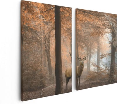 Artaza Canvas Schilderij Tweeluik Hert In Het Bos - Herfst - 80x60 - Foto Op Canvas - Canvas Print