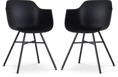 Nolon Noa-Puk Eetkamerstoelen Set van 2 Zwart - met Armleuning - Kunststof - Zwart Metalen Poten - Kuipstoel met Armleuning