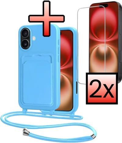Hoes Geschikt voor iPhone 16 Plus Hoesje Pasjeshouder Cover Met Koord Case Siliconen Hoes Met Telefoonkoord en Kaarthouder Met 2x Screenprotector - Lichtblauw