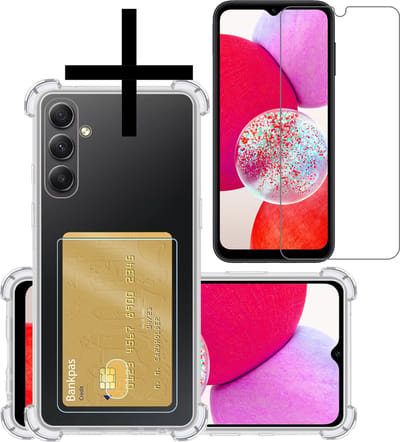 Hoesje - Geschikt voor Samsung Galaxy A14 - Met Screenprotector - En Pashouder - En Kaarthouder - Telefoon Hoes Shockproof - Siliconen Case - Back Cover - Shock Proof - Pasjes Houder - Transparant