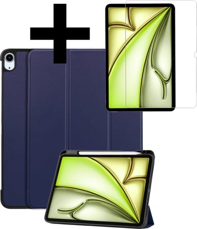 Hoes - Geschikt voor Apple iPad Air (2024/2025/2026) - 11 inch - Met Screenprotector - Trifold Bookcase - Hard Cover Case - Met Uitsparing Geschikt voor Apple Pencil - Hardcover Book - Tablet Hoesje - Donkerblauw