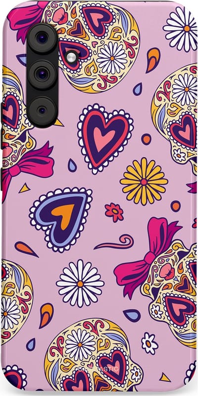 Casetastic hoesje geschikt voor Samsung Galaxy A54 (2023) 5G - Dubbellaagse bescherming - Dia de los Muertos Doodshoofd Strik - Fashion Case - Lichtroze Lila Taupe Zilver