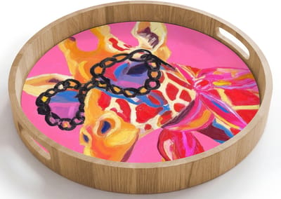 Dienblad rond 40x40 cm - Schootdienblad hout - Giraf - Roze - Bril - Sjaal - Borrelplank rechthoek - Plateau houten dienbladen