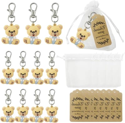 Dailygoods - Geschenken Doop 30 Stuks Beer Sleutelhanger 30 Stuks Organza Zakjes en 30 Stuks Bedankkaartjes voor Jongens Meisjes Verjaardagsfeestje Accessoires Baby Shower Decoratie