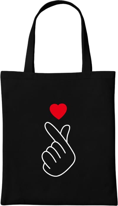 K-Pop Tote Bag – Canvas Shopper – Zwarte Katoenen Tas – Korean Finger Heart – Cadeau voor BTS, BLACKPINK, Stray Kids & SEVENTEEN Fans – K-Pop Accessoire