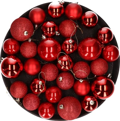 Kerstversiering set mix mat/glans/glitter kerstballen in het rood 6 en 8 cm pakket - 36x stuks