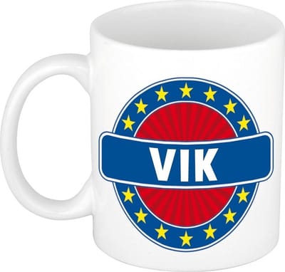 Bellatio Decorations - Vik voornaam - koffiemok - beker - wit/blauw - 300 ml - Cadeau - Heren - Collega - Vaderdag - Verjaardag