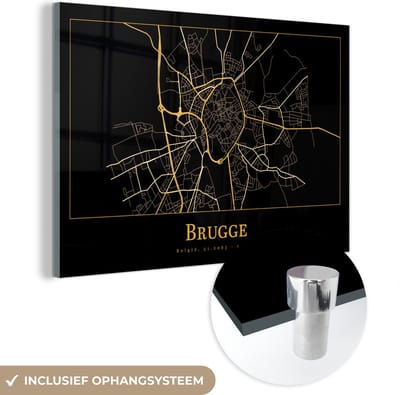 MuchoWow® Glasschilderij 60x40 cm - Schilderij acrylglas - Kaart - Brugge - Simpel - Goud - Zwart - Foto op glas - Schilderijen