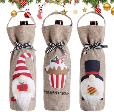 Set van 3 jute wijnzakken voor Kerstmis met trekkoord, duurzame flessenzakken voor wijncadeaus en feestelijke decoratie