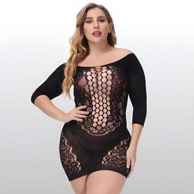 Plus Size Off Shoulder Mini Jurk Zwart - Kant - Sexy Lingerie - One Size L-XXL (40-44) | LS022