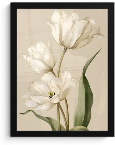 Poster in lijst - Fotolijst 30x40 cm - Posters - Tulpen - Wit - Bladeren - Posterlijst zwart - Decoratie - Wanddecoratie woonkamer - Muurdecoratie slaapkamer