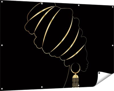 Gards Tuinposter Afrikaanse Vrouw met Gouden Zwarte Tulband - 150x100 cm - Tuindoek - Tuindecoratie - Wanddecoratie buiten - Tuinschilderij