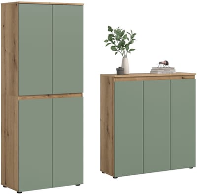 Ruime universele kast in rookgroen en eik - 15 verstelbare planken - Op wielen - 140x175x37cm
