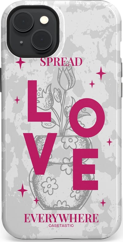 Casetastic hoesje geschikt voor Apple iPhone 15 Plus - MagSafe - Dubbellaagse bescherming - Spread Love Everywhere - Grijs Roze - Valentijn - Valentine - Fashion Case - Lichtgrijs Wit Roze
