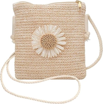 Zomer Strohandtas met Bloemen, Gevlochten Ritssluiting, Verstelbare Schouderband, Boho Handtas voor Vakantie, Strand en Reizen - Perfecte Modeaccessoire voor Dames
