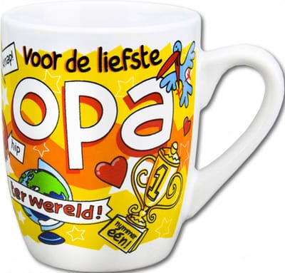 Mok - Snoep - Voor de liefste Opa - Cartoon - In cadeauverpakking met gekleurd krullint