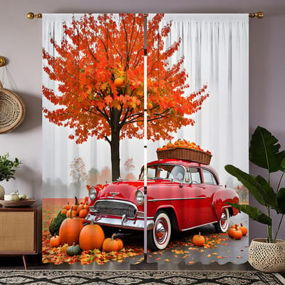 2-delige set HD Halloween Esdoornblad boom onder de nostalgische klassieke auto pompoen decoratief gordijn Zwarte stropdas digitaal bedrukt cu W52H63inchW132H160cm red