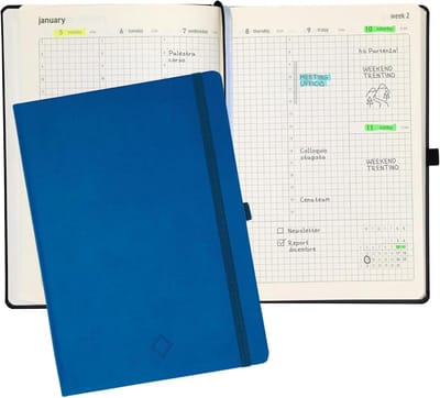 Verticale Weekplanner 2025 Geruit A5+, 12 Maanden, Blauwe Omslag, Duurzaam Papier