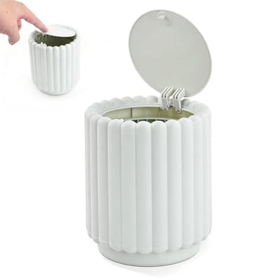 Mini Prullenbak voor Bureau - Tafelafvalbakje met Deksel - Wit - Compacte Desktop Vuilnisbak - Drukdeksel - Kunststof - Modern Design - Voor Kantoor, Slaapkamer & Eettafel - 15cm Hoog