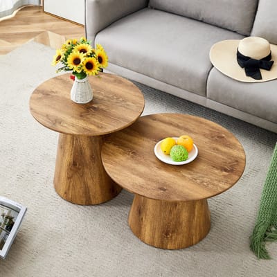 STILVORA Bijzettafel Set 50 En 60 Cm - Rond Design - Voor Woonkamer En Lounge - MDF Met Houtlook - Houtkleur