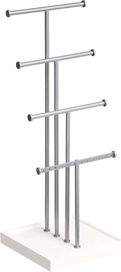 Famanu – Sieradenstandaard met vier lagen, moderne sieradenhouder voor display, wit met nikkel