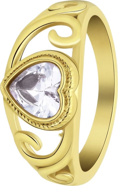 Lucardi Dames vintage ring met hart wit â€“ Maat 47 â€“ 15mm - Ring - Cadeau - Staal goldplated - Goudkleurig
