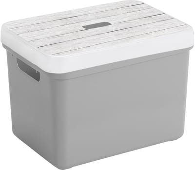 Sunware Opbergbox - lichtgrijs - 18L - kunststof - met houtkleur deksel - 35 x 25 x 24 cm