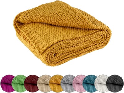 Famanu – Warm gebreide knuffeldeken (140 x 190 cm) in geel, mosterdgeel, luxe en onderhoudsvriendelijk