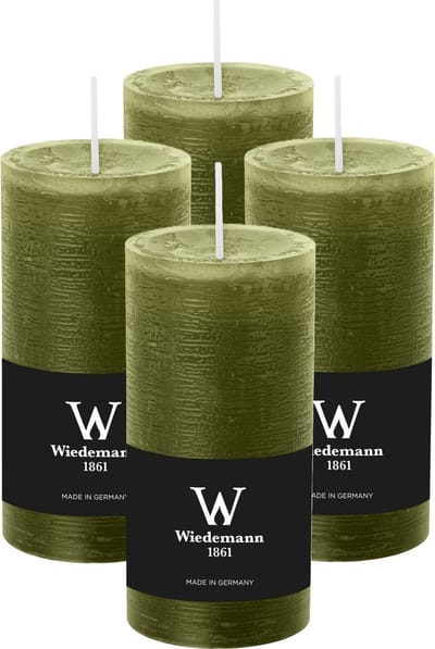 Wiedemann Cilinderkaars/stompkaars - 4x - rustieke kaars - olijfgroen - 6 x 12 cm - 42 branduren