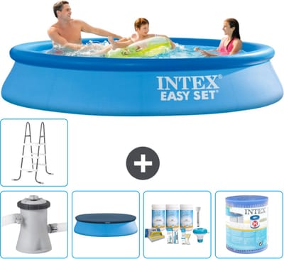 Intex Rond Opblaasbaar Easy Set Zwembad - 305 x 61 cm - Blauw - Inclusief Pomp - Afdekzeil - Onderhoudspakket - Filter - Ladder - Voetenbad - 7-delig