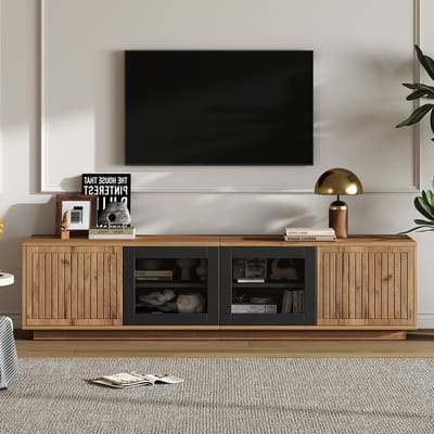 MODFU TV-meubel 180x40x45 cm van spanplaat en gehard glas, met app-gestuurde LED en opbergruimte