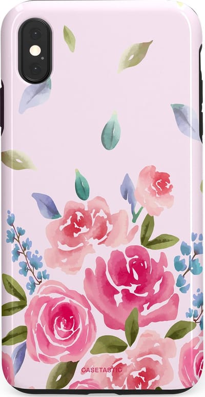 Casetastic hoesje geschikt voor Apple iPhone XS Max - Dubbellaagse bescherming - Aquarel Bloesem - Fashion Case - Lichtroze Lila Saliegroen