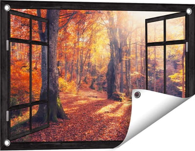 Gards Tuinposter Doorkijk Oranje Herfstbos met Zonneschijn - 60x40 cm - Tuindoek - Tuindecoratie - Wanddecoratie buiten - Tuinschilderij
