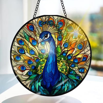 Kleurige Glazen Hangdecoratie in Pauw Motief - Unieke Raamdecoratie voor Tuin, Kerst en Deur, Handgemaakte Suncatcher 20x20cm