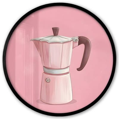 Poster in lijst Rond - Fotolijst 40x40 cm - Posters - Roze - Mokkapot - Illustratie - Koffie - Ronde posterlijst zwart - Decoratie - Wanddecoratie woonkamer - Muurdecoratie slaapkamer