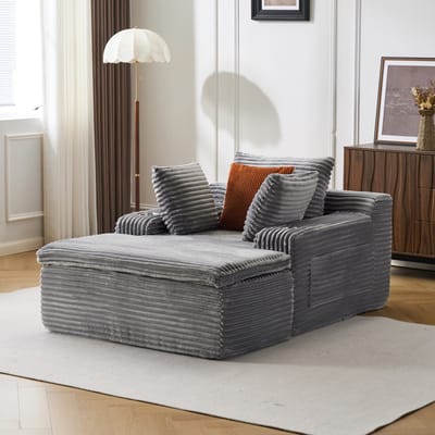 Corduroy bankstel set – inclusief 3 bijpassende kussens, armleuning met bekerhouder, vulling van hoge dichtheid schuim, ergonomisch design, 2-in-1 kussen/deken ontwerp, multifunctioneel geschikt voor woonkamer en slaapkamer, geen montage nodig -Grijs