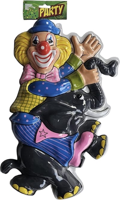 Carnaval wanddecoratie bord clown op olifant Carnaval / Nar / Clown 48 x 28 cm