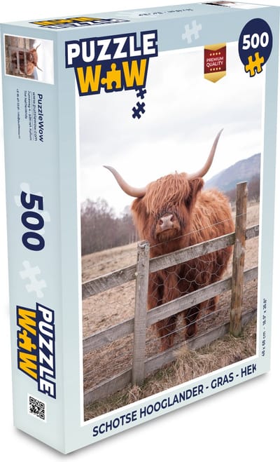 Puzzel Schotse Hooglander - Gras - Hek - Legpuzzel - Puzzel 500 stukjes
