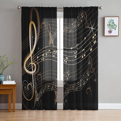 Muzikale Noot Zwart Wit Transparante Gordijnen voor Woonkamer Voile Gordijn Slaapkamer Badkamer Tule Gordijnen Raamgordijnen 135W x 114H(cm)