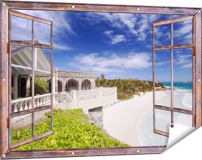 Gards Tuinposter Doorkijk Het Strandhuis - 120x80 cm - Tuindoek - Tuindecoratie - Wanddecoratie buiten - Tuinschilderij