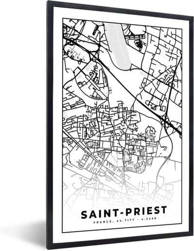 Fotolijst incl. Poster Zwart Wit- Plattegrond – Saint-Priest - Kaart – Frankrijk – Stadskaart - Zwart wit - 40x60 cm - Posterlijst