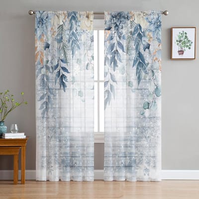 Kerst Kerstboom Bells Village Sneeuwt Tule Pure Gordijnen voor Woonkamer Slaapkamer Decor Voile Gordijnen Gordijnen W50H130(CM)x2pcs&Grommet Top white