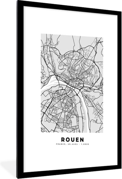 Fotolijst incl. Poster - Kaart - Stadskaart - Frankrijk - Rouen - Plattegrond - 60x90 cm - Posterlijst